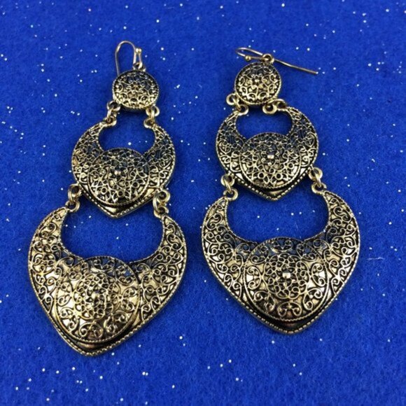 Long Triple Tier Dangle Goldtone Metal Earrings Bali-Inspired Design Statement - Picture 5 of 10